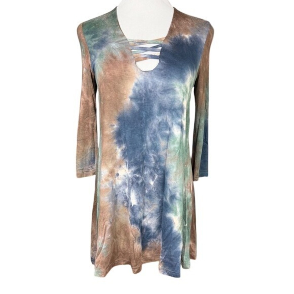 Coin 1804 Womens Tie Dye Lattice V-Neck Tunic Top‎ Blue Brown Green Size M